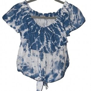 OLIVE & GREY BLUE WHITE OFF SHOULDER TIE DYE TOP MEDIUM